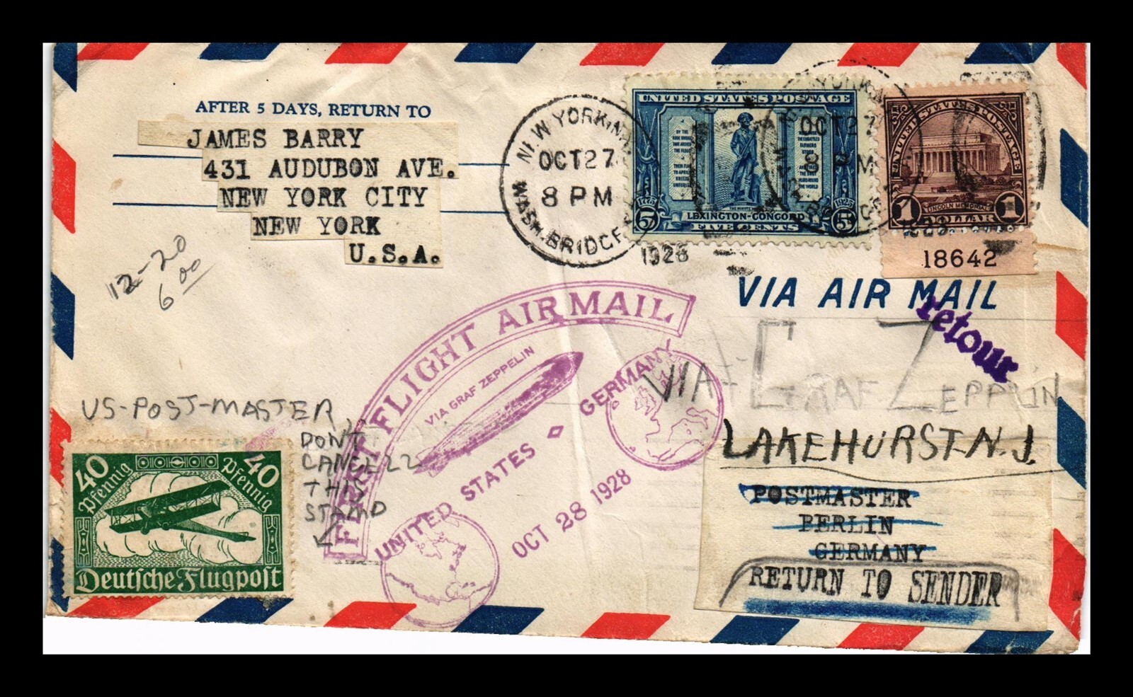 DR JIM STAMPS US COVER GRAF ZEPPELIN FIRST FLIGHT AIR MAIL NEW YORK TO