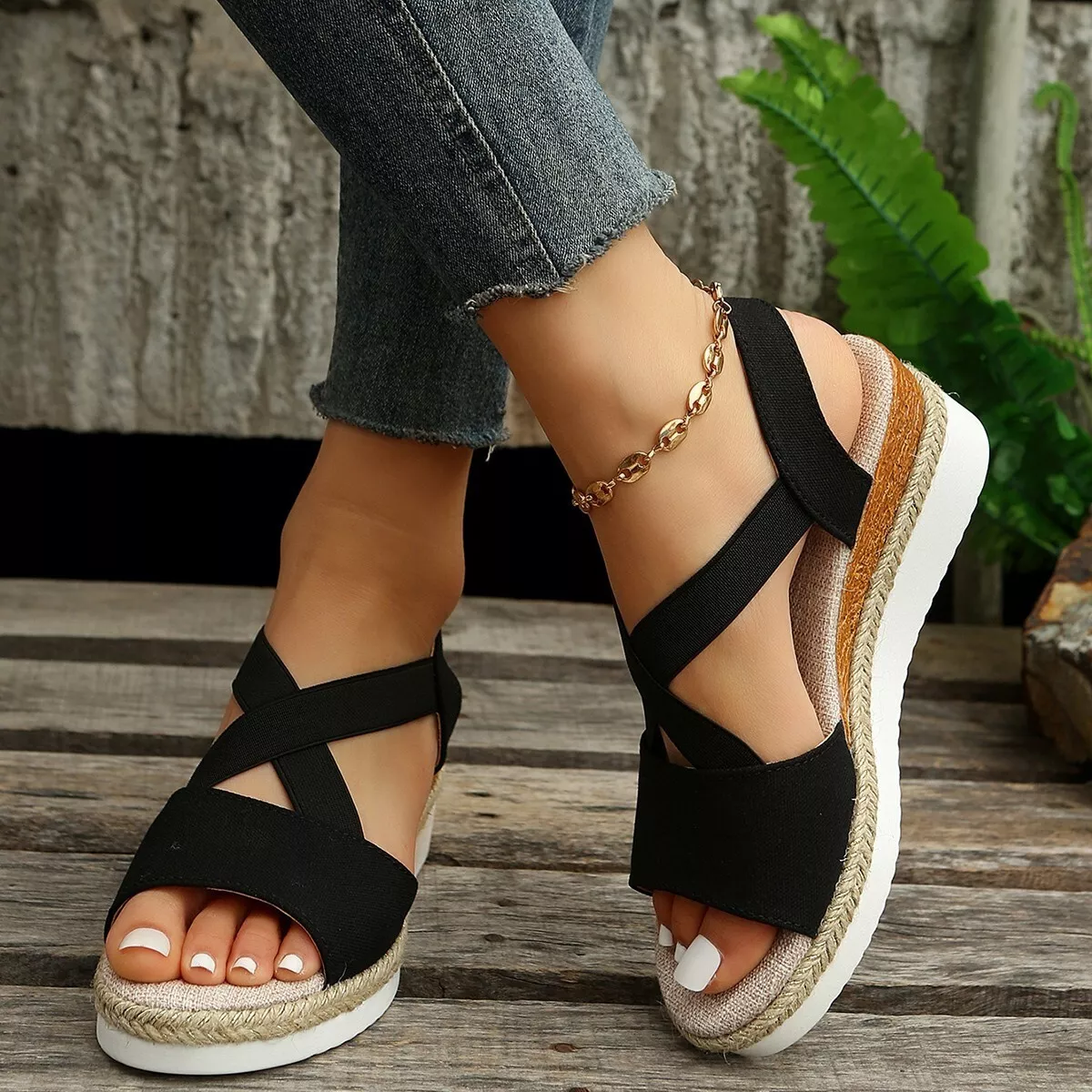 Women Elastic Strap Wedge Summer Comfort Shoes Platform Sandals