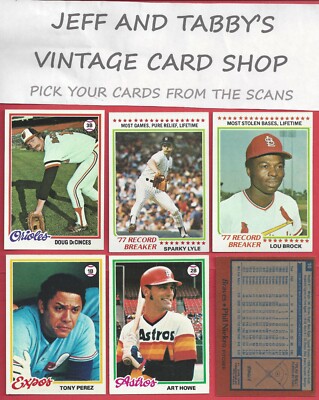 1978 TOPPS BASEBALL  361 TO 540 / SEE DROP DOWN MENU FOR CARD YOU WILL RECEIVE.