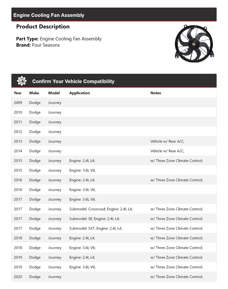 Conjunto de ventilador de refrigeración del motor Dodge Journey 2009-2020 4 estaciones 2010 2011 2012 Foto 2 de 4
