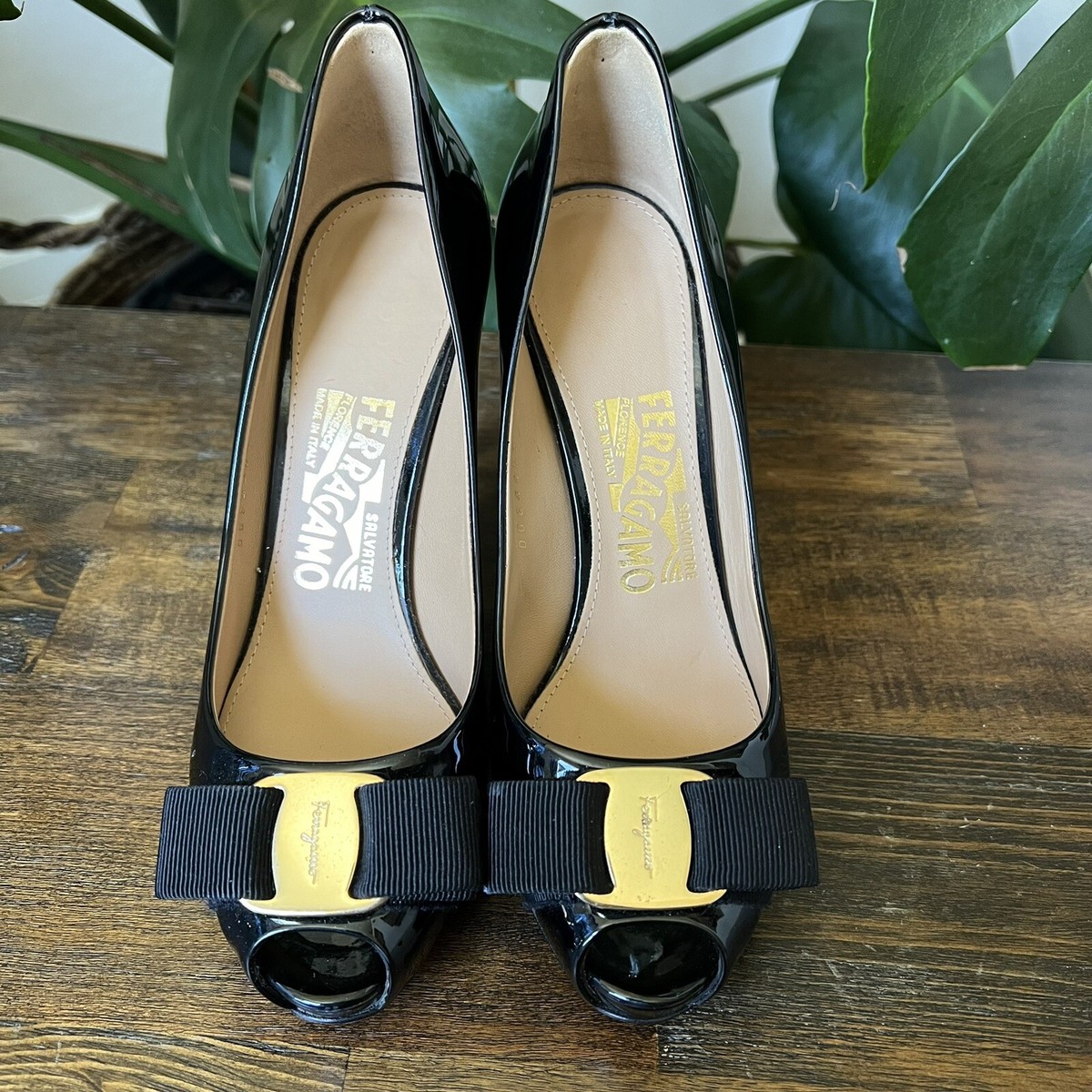 Salvatore Ferragamo Vara Bow Platform Heels Black Patent