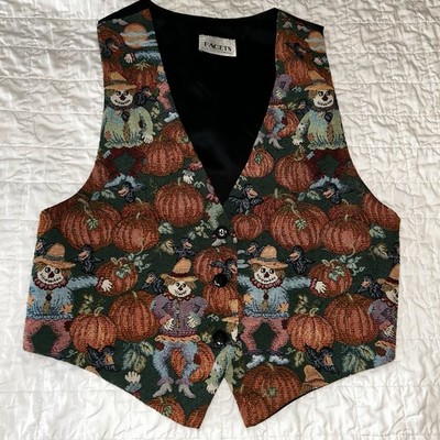 Vintage FACETS Tapestry Vest Size L Large Scarecrow Pumpkin Fall Autumn
