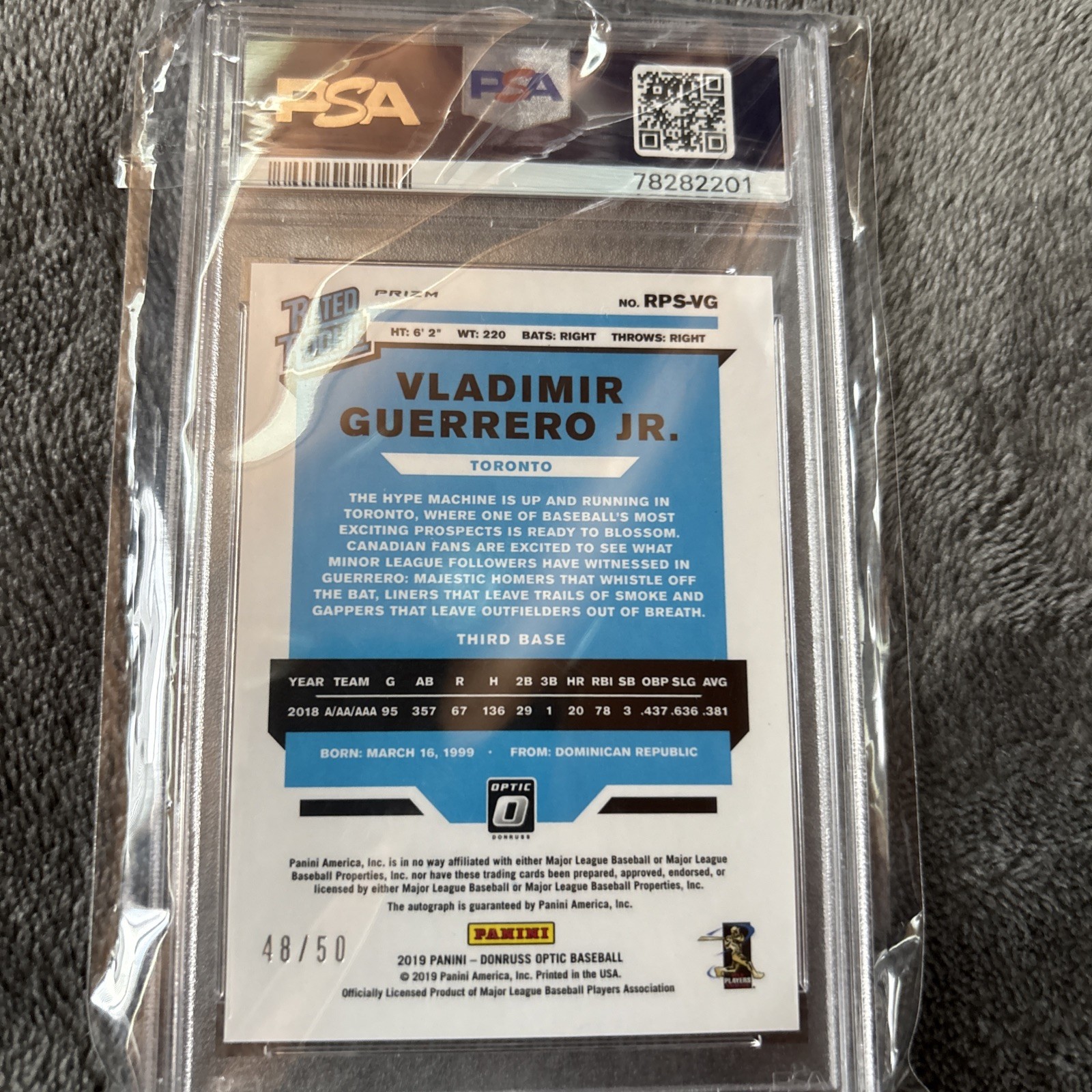 VLADIMIR GUERRERO JR. 2019 OPTIC RATED ROOKIE RED AUTO AUTOGRAPH #/50 PSA 8 view 4