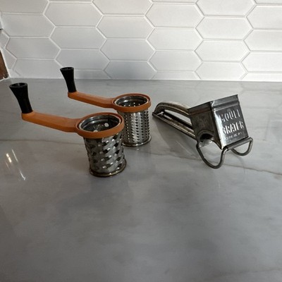 This vintage Mouli grater is a hand-operated rotational tool