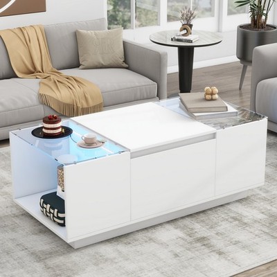 LED Tempered Glass Wood White Coffee Table 2 Drawers Open Storage Centre Table