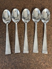 Five (5) CAMBRIDGE 11/20 Solvay Sand/Pebble Brushed Beaded 7 7/8” Soup Spoons