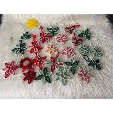 Christmas Ornaments Poinsettia Flower Snowflake Set Lot Red Green White Handmade