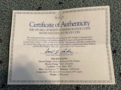 1993-S Proof Bill of Rights Modern Commemorative Silver Half Dollar 50C - Foto 4 di 4