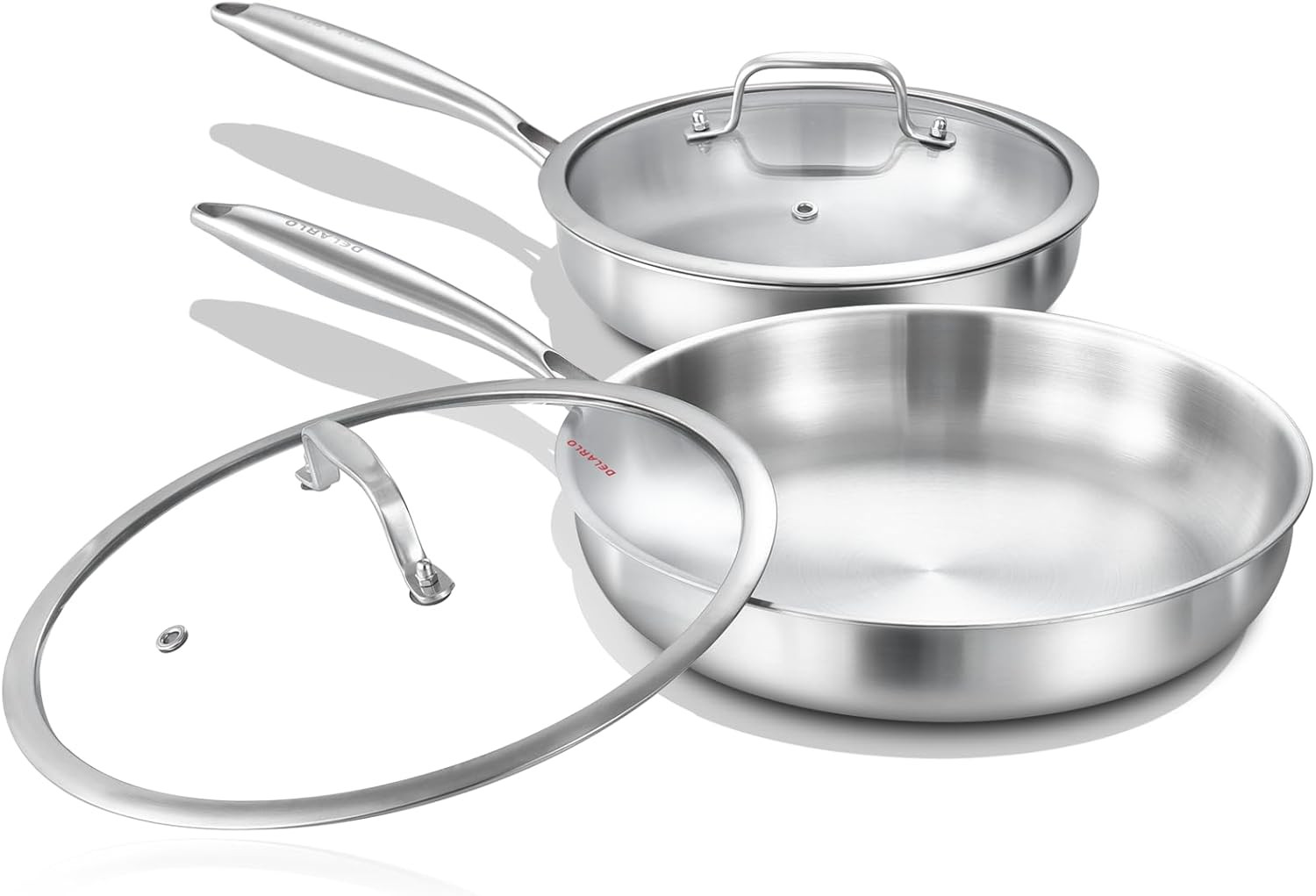 DELARLO Tri-ply Stainless Steel Frying Pan 10"+12"Set+Lid, Silver 