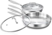 DELARLO Tri-ply Stainless Steel Frying Pan 10"+12"Set+Lid, Silver 