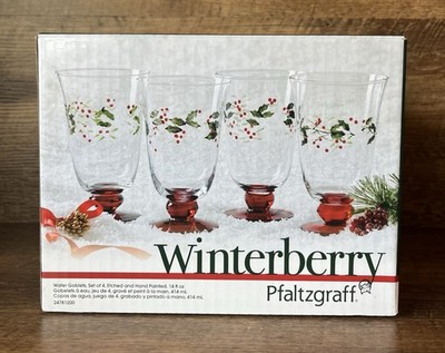 Pfaltzgraff Winterberry Water Goblets Set of 4 Hand Painted Etched New In Box
