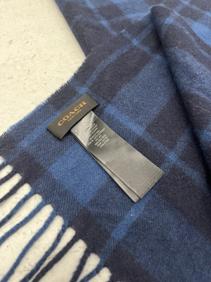 Bufanda Coach Cashmere azul negro a cuadros con flecos 66x12  Foto 3 de 4