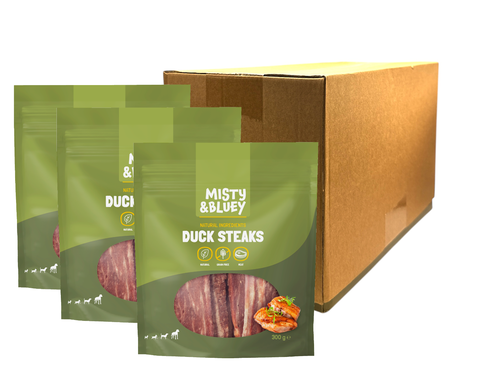 MISTY & BLUEY NATURAL DUCK STEAKS GRAIN FREE DOG PUPPY TREAT CHEW 300G CASE OF 3