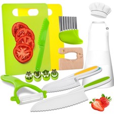 15 Piece Montessori Kids Kitchen Knife Set with Apron, Crinkle Cutter, Peeler -
