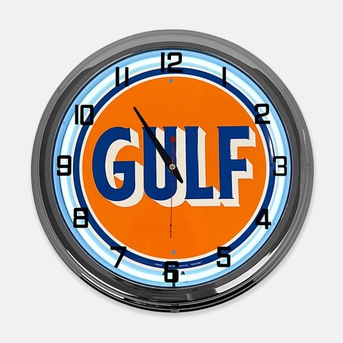 18" Gulf Oil Metal Sign Designed White Neon Clock
