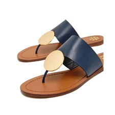 Tory Burch Sandals Women's 7US  Black Patos Disk Embellished Leather Thong Flat