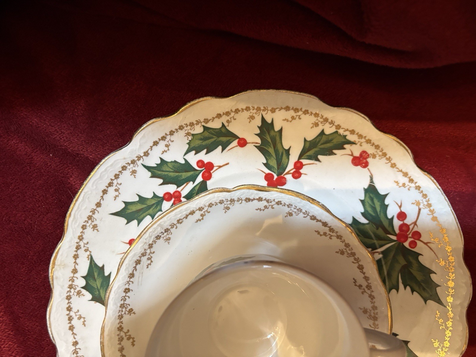 Rare Vintage Homer Laughlin Hudson Set Xmas Plate Cup Saucer Holly Berry Gold 3