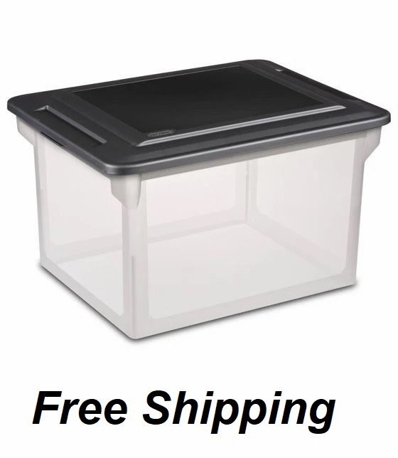 File Box, Clear Plastic Bin with Black Lid, Letter or Legal-Sized File Storage