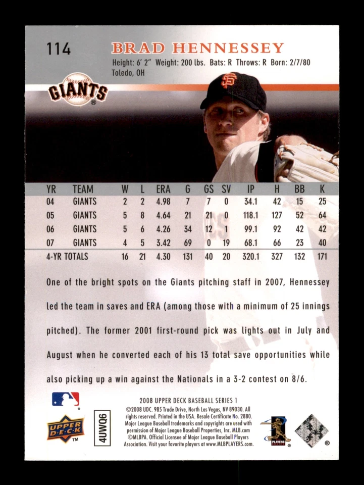 2008 Upper Deck #114 Brad Hennessey San Francisco Giants - Image 2 of 2