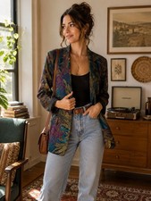 Vintage 90s Tropical Leaf Print Rayon Blazer Jacket Size 10