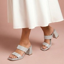 Women Block Heel Shimmer Slip-On Sandals Square Toe Evening Wedding Party Prom