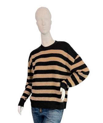 NAADAM Cashmere Striped Crewneck Sweater In Black & Tan Combo $198 Size Small
