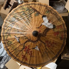 Vintage Oriental Bamboo Paper Parasol Umbrella Painted Sun Birds/Crane  Flowers