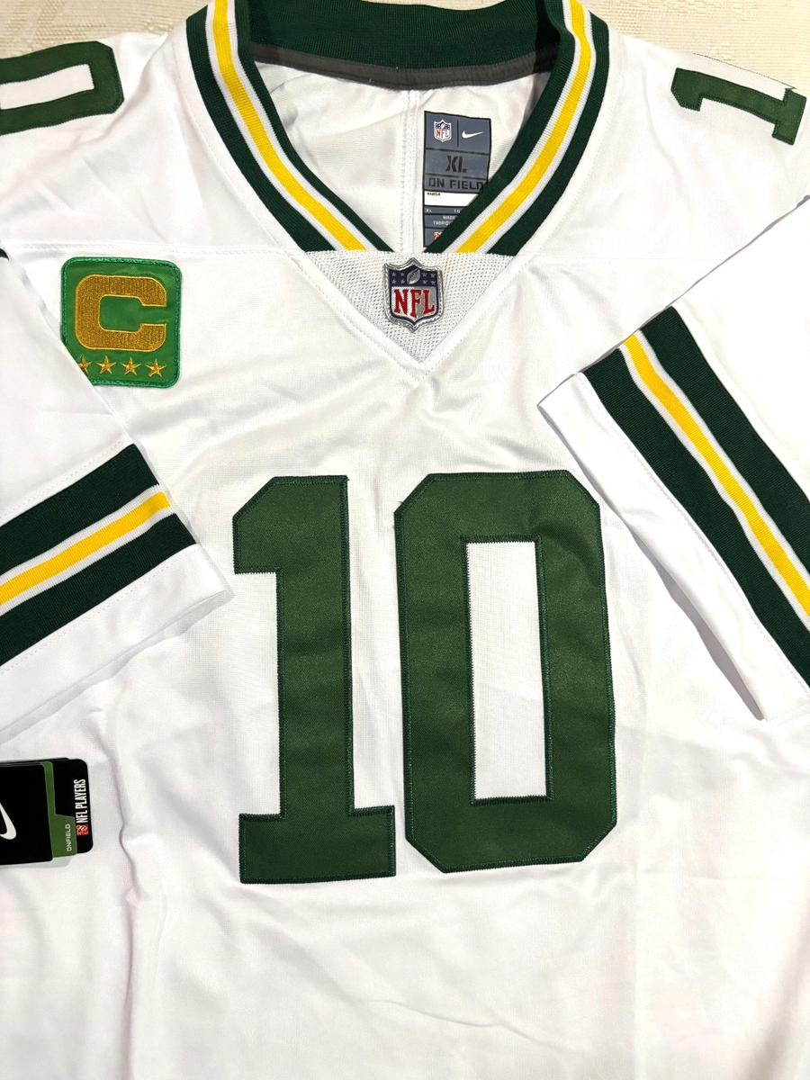 グリーンベイ・パッカーズ LOVE ユニフォーム XL XL Jordan Love #10 White Vapor FUSE w/ Captains patch Jersey Green