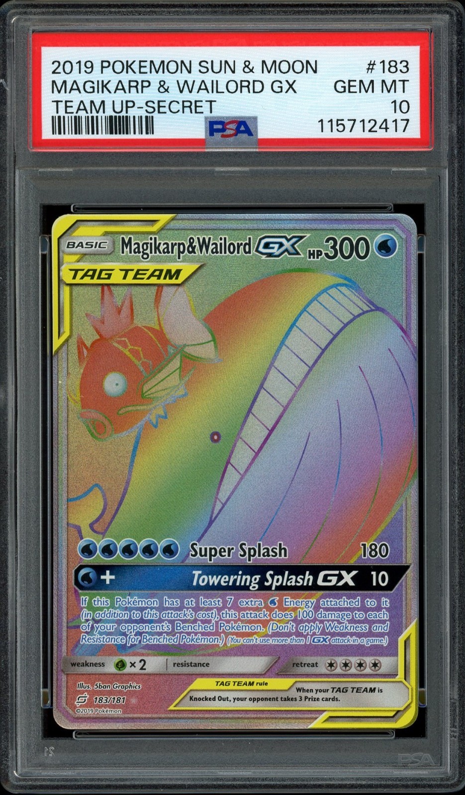 Pokemon PSA 10 Magikarp & Wailord GX 183/181 Sun & Moon Team Up Rainbow Mint