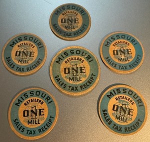 8 x 1930s Sales Tax Receipts: 5 Missouri smaller + Larger & 3 paper Ohio  tokens