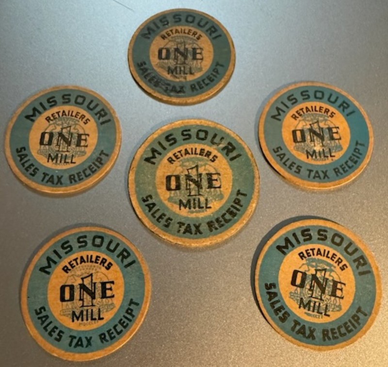 8 x 1930s Sales Tax Receipts: 5 Missouri smaller + Larger & 3 paper Ohio  tokens