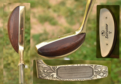 Left Hand CUSTOM Brass & Wood Senator V Small Mallet Engraved Putter LH 35.5''