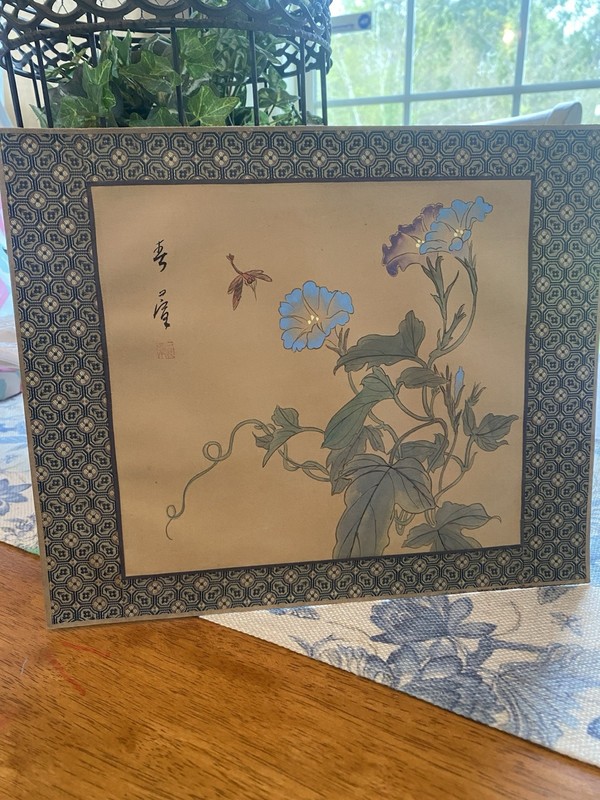 Antique Chinese Asian Blue Flower Watercolor Art On Silk 18-19th Century