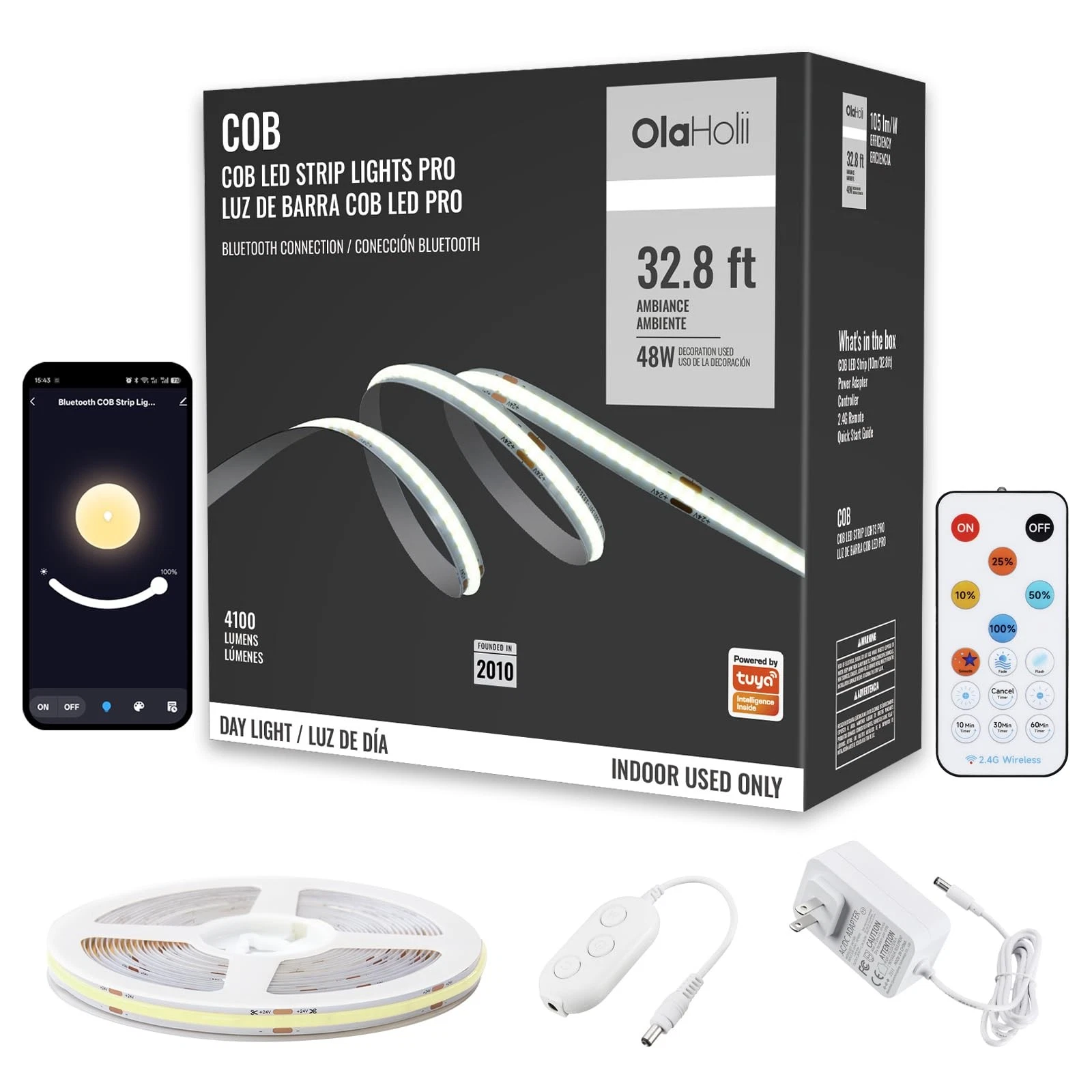 32.8ft Bluetooth White COB Light with App, 6500K Ra93+ Dimmable Bright Daylig...