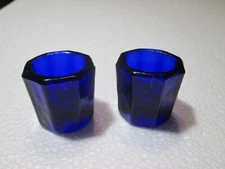 Vintage Cobalt Blue Glass Hexed Open Salt Cellar Set of 2