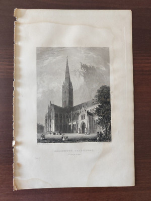 ANTIKE ORIGINAL S/W ENGR.-SAKRALE/GOTISCHE ARCHITEKTUR-SALISBURY KATHEDRALE-1851