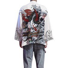 Men Loose Kimono Cardigan Print Open Front Jacket 3/4 Sleeve Outwear Casual