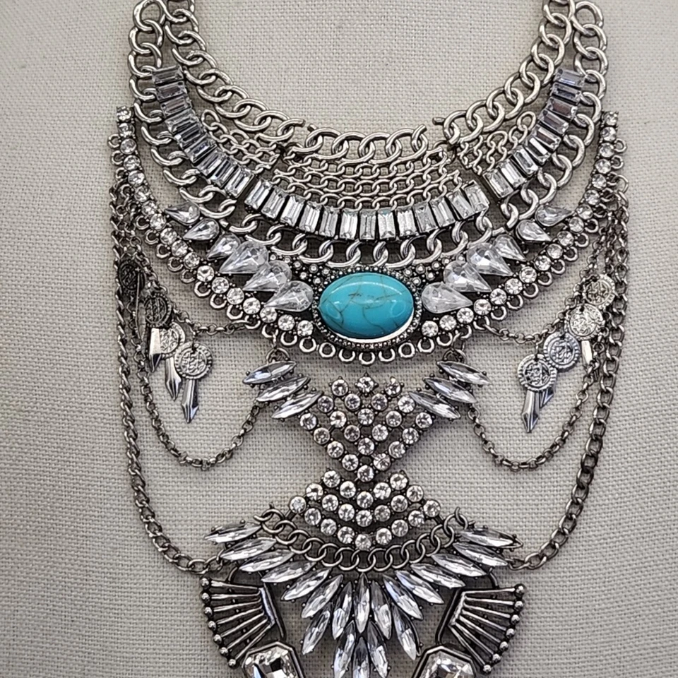 Collar llamativo étnico suroeste cortinas tono plata imitación turquesa babero 20" Foto 3 de 4