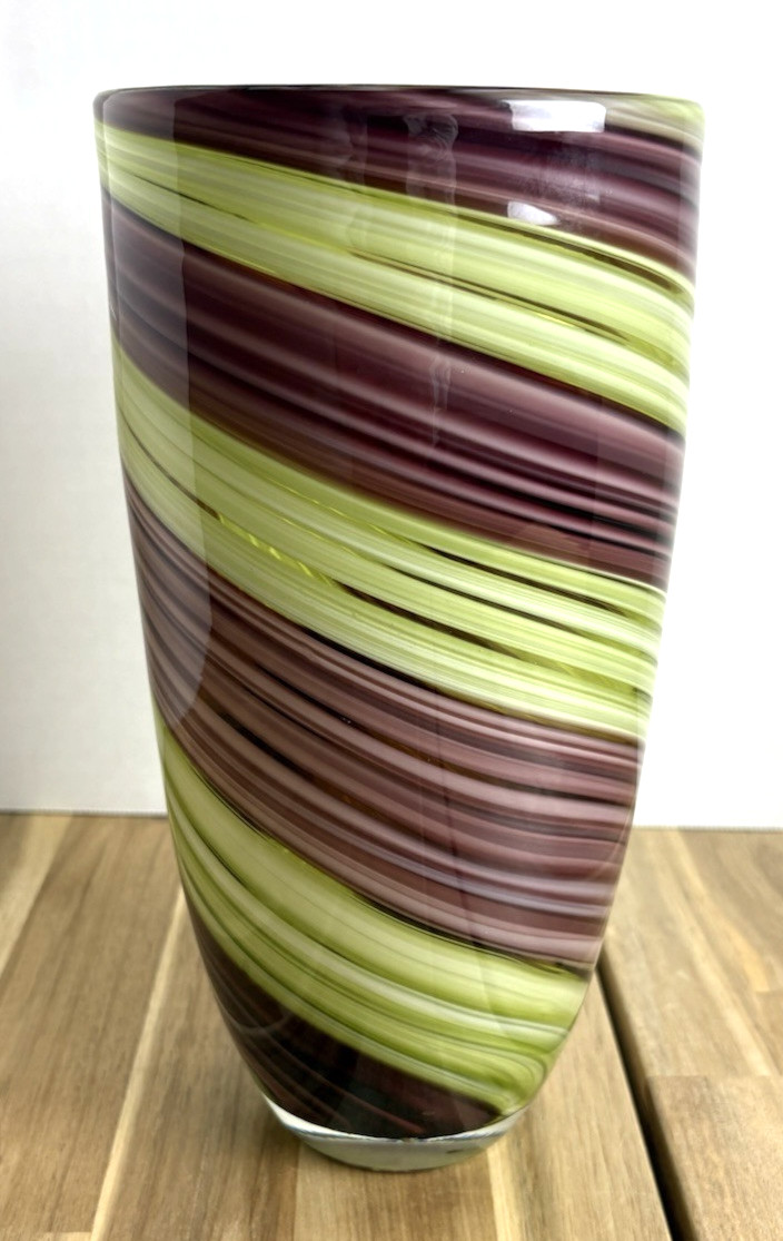 Large Hand Blown Art Glass Vase Purple Green Spiral Swirl Home Decor 10.5" H