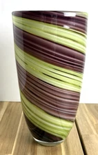 Large Hand Blown Art Glass Vase Purple Green Spiral Swirl Home Decor 10.5" H