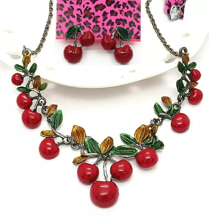 Betsey Johnson Red Cherry Leaf Black Gold Necklace Earrings Set Free Gift Bags