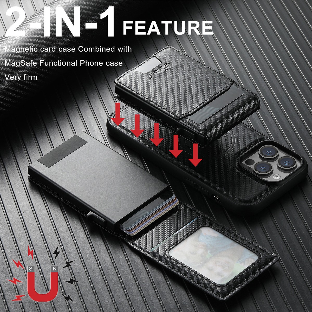For iPhone 16 Pro Max 15 14 13 12 2in1 Carbon Fiber Mag Safe