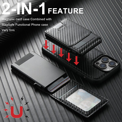 For iPhone 16 Pro Max 15 14 13 12 2in1 Carbon Fiber Mag Safe Wallet Phone Case