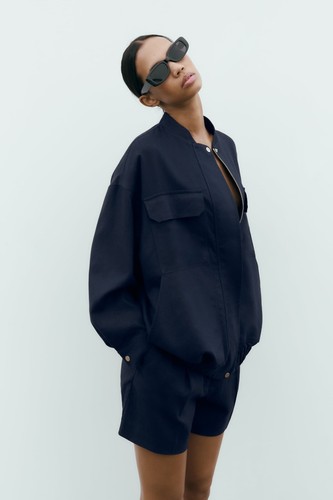 ZARA NAVY BLUE OVERSIZED LINEN BLEND LONGLINE BOMBER JACKET SIZE L UK 12-14 - Picture 5 of 10