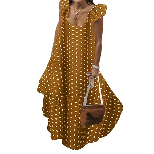 Abito lungo donna smanicato prendisole donna bohemien a pois maxi dress - Foto 6 di 18