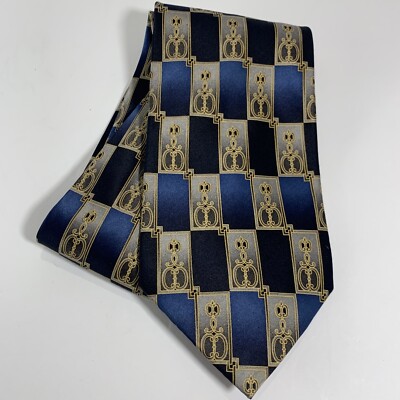 Bergamo New York 100% Silk Handmade Tie Necktie 59  x 4 ~Navy Grey Black Gold