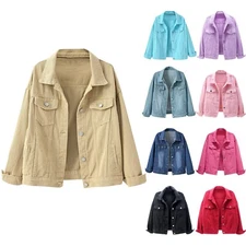 Women's Casual Denim Jacket Solid Color Basic Long Sleeve Lapel Jean Jacket Coat