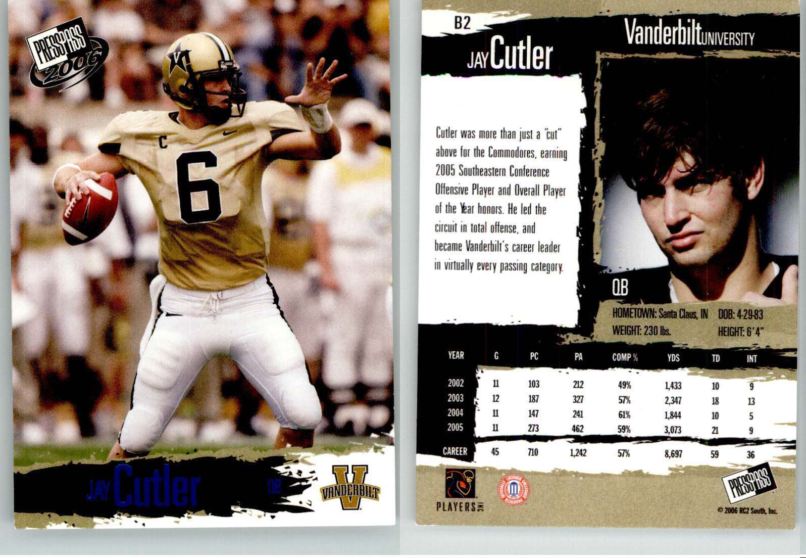 Jay Cutler 2006 Press Pass Blue #B2 Vanderbilt Broncos Bears RC Rookie