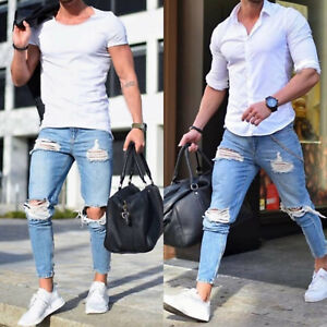 Men's Stretch Ripped Skinny Biker Jeans 