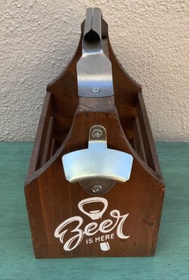 Rustic Wooden Beer & Soda Bottle Caddy Metal Handle & Bottle Opener Pre-Owned
